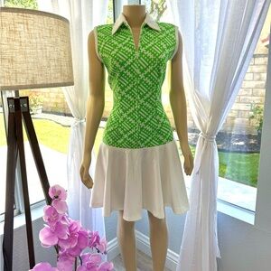 Vintage Kenny Classics Green And White Sheath Dress 60s Size M Medium Front Zip